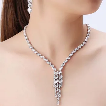 

NPASON Shine White Gold Color Bridal Necklace Earrings Set Zircon Wedding Accessorie Women Prom Jewelry Set