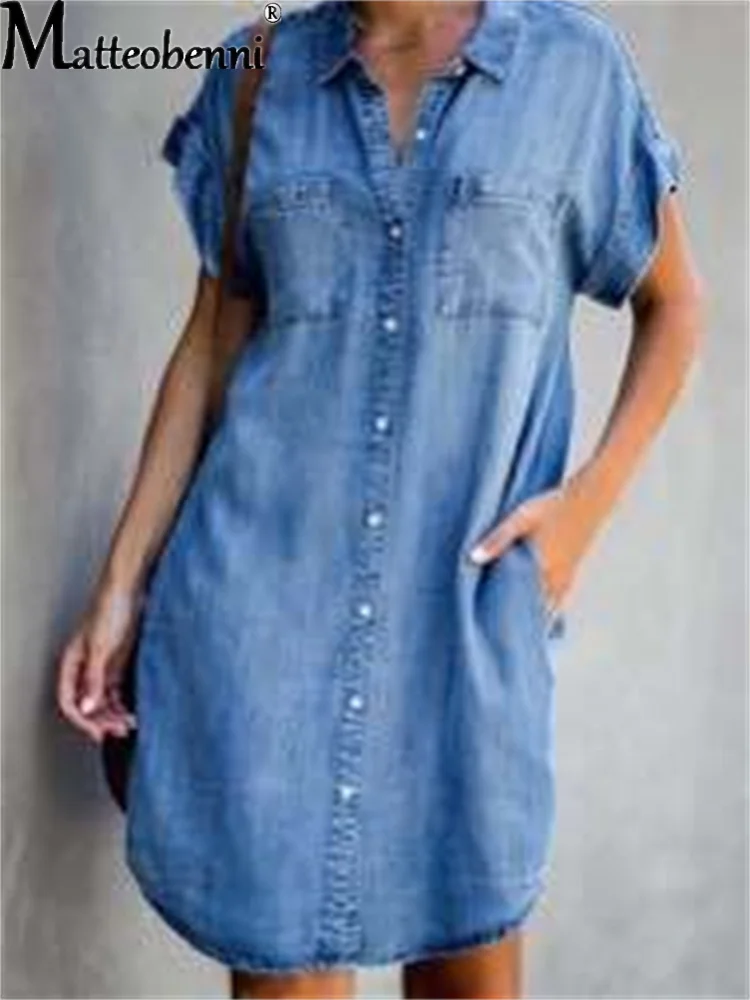 

2021 Summer Dress Women Short Sleeve Pockets Single-Breasted Irregular Hem Knee-Length Denim Dress Loose Casual Style Vestidos