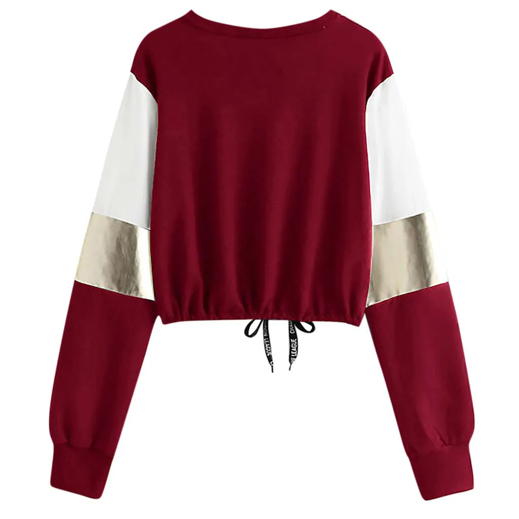 JAYCOSIN Fashion Women Casual O-Neck Sweatshirt Long Sleeve Bandage Patchwork Pocket Unique Elegant Comfortable Soft Chic Blouse