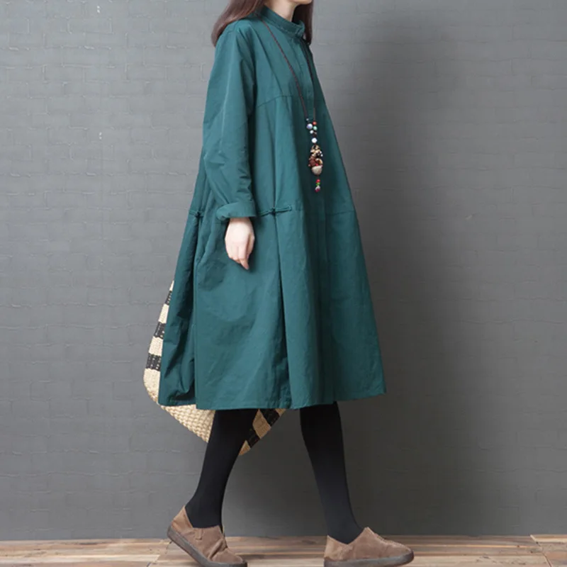 

2019 Autumn Vintage Cotton Dress Women Casual Loose Baggy Dress High Neck Long Sleeve Robe Dress Pocket Solid Knee-length Dress