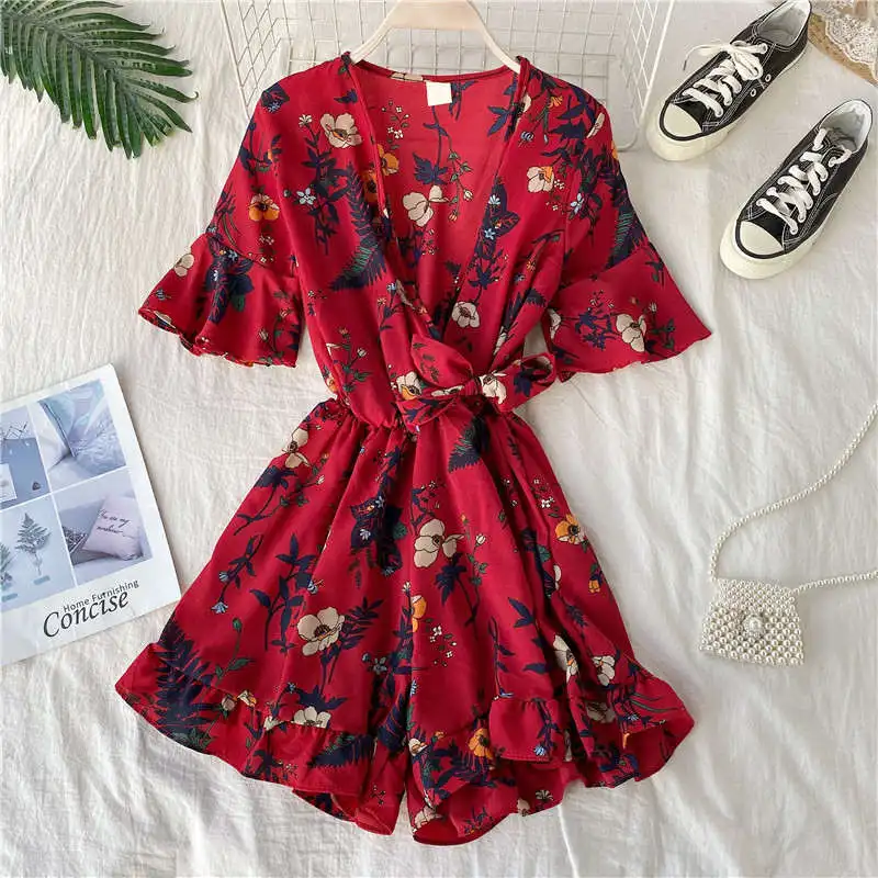 Peça com Decote em v Macacão de Cintura Praia Babados Perna Larga Macacão Feminino Uma Impressão Alargamento Manga Sexy Curto Alta Macacões C7063 10 High Quality Moda Feminina
