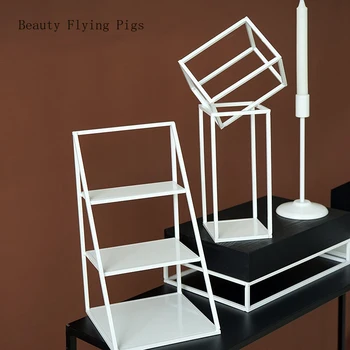 

Direct sales minimalist white clean cube cake stand wedding dessert table geometric dessert frame jewelry display rack tray