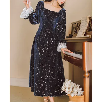 

Ordifree 2020 Autumn Women Velvet Party Dress Long Sleeve Vintage Lace Crochet Elegant Lady Maxi Dress