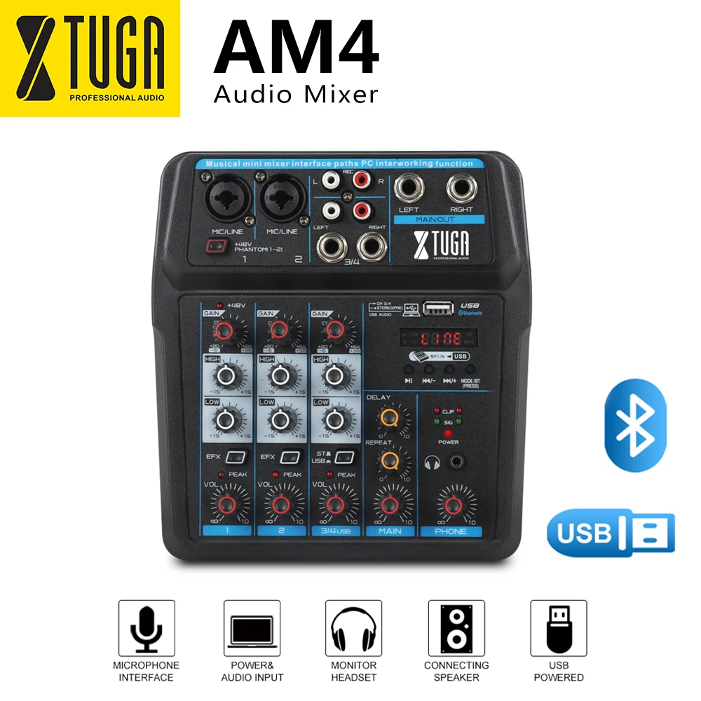 

XTUGA AM4 4 Channel Mini Audio Mixer DJ Console with Sound Card,Bluetooth,USB, 48V Phantom Power for PC Recording Singing Party