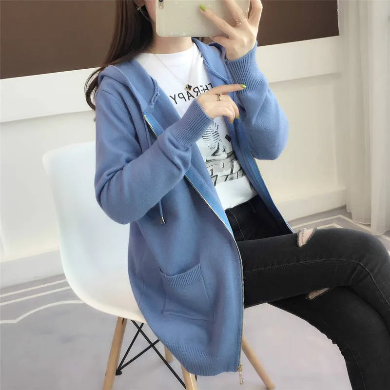 blue cardigan Woherb свитер женский сплошной цвет длинный рукав с капюшоном вязаный кардиган пальто молния Свободная трикотажная куртка корейская мода новинка 90990 - Цвет: blue cardigan