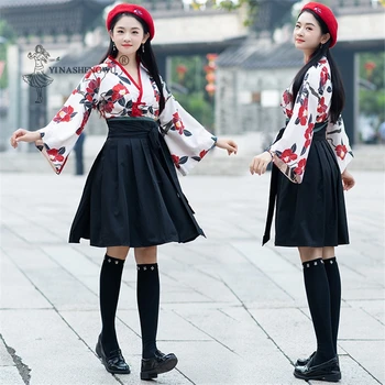 

Japanese Kimono Women Floral Dress Tops Skirt 2 Pcs Lady Yukata Haori Print Costume Kawaii Clothes Femal Clothing Girl Robe Sets