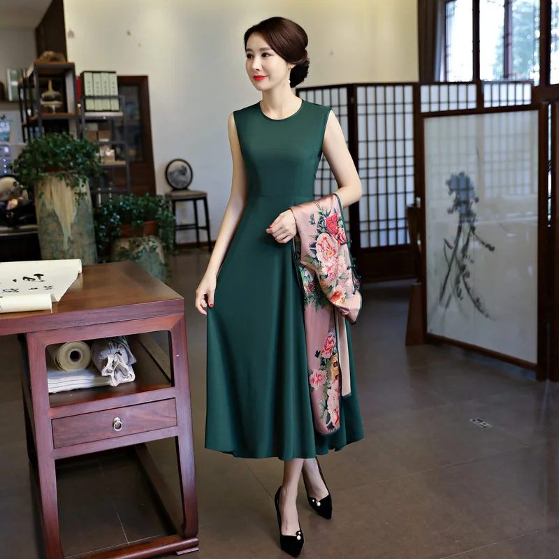 Китайское традиционное китайское платье Cheongsam с воротником «Мандарин» из двух частей, женское платье Ципао на пуговицах ручной работы, платье Чонсам с цветами