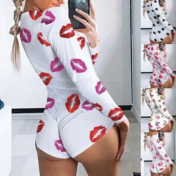 

Women Sexy V-Neck Bodysuit One-Piece plus size Sleepwear Long Sleeve Short Jumpsuit Pajama onesies nightwear Summer