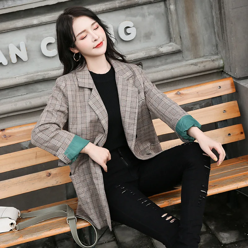 

Photo Shoot CHIC Small Suit Coat Women's Loose-Fit Korean-style 2019 Spring And Autumn New Style Hong Kong Style Retro Plaid Sui