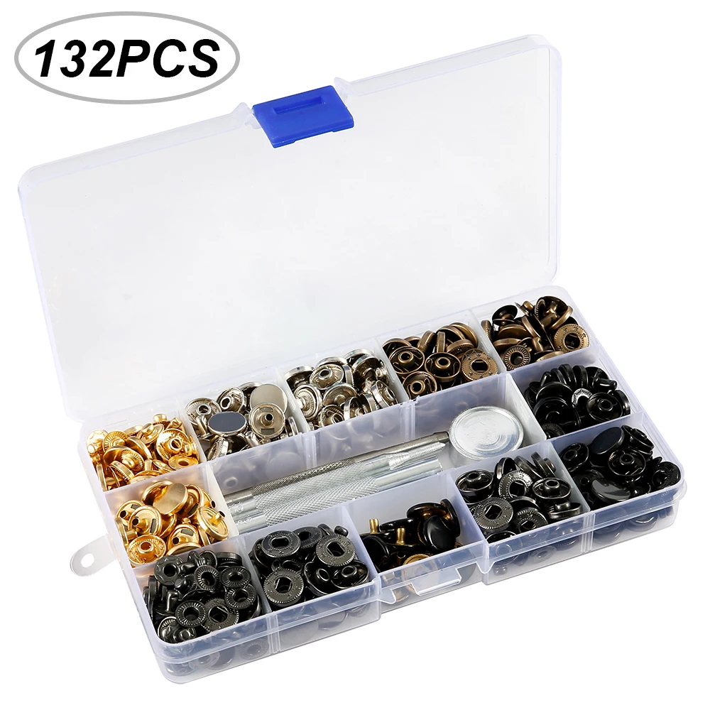 Антикварная бронза 132pcs Leather Snap Fasteners Kit 6 Colors Metal Snap Buttons Press Studs 4 Pieces Fixing Tools Storage Box for DIY Supplies - Цвет: Антикварная бронза