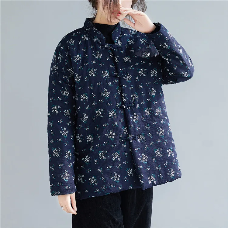 

Photo Shoot Large Size Literature And Art Retro Cotton Linen Frog Padded Coat Floral-Print Cotton-padded Clothes Cotton-padded J