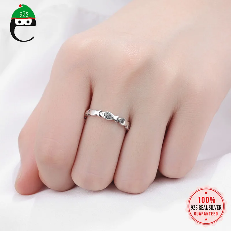 

ElfoPlataSi 925 Sterling Silver Vintage Cute Fish Opening Sizable Finger Ring For Women Girls Fashion Silver 925 Jewelry ED354