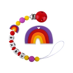 Mordedor de cadena con Clip para chupete de bebé, colgante de arcoíris personalizado con nombres de letras, correa para morder, soporte para pezón, regalo para bebé