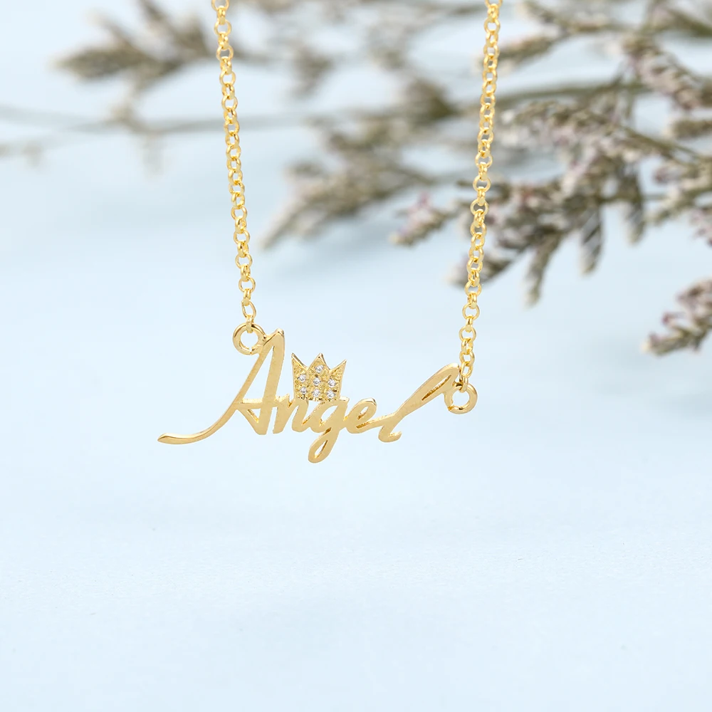 925 пробы Серебряное именное ожерелье с AAA CZ камнями корона именная табличка ожерелье цепочка персонализированные ювелирные изделия подарок для женщин - Окраска металла: Gold