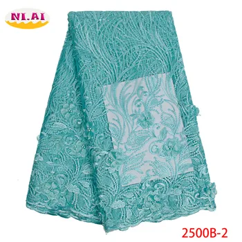 

French Tulle 3D Lace Fabric Flower Color Lace Applique Teal Green Nigerian Lace Fabrics With Beads Bridal Lace Fabric NA2500B-2
