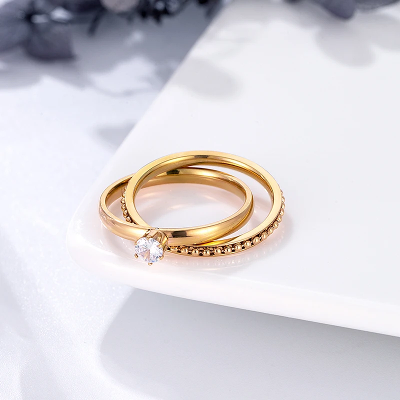 Double Ring Crystal Ring Stainless Steel Gold And Silver Color Wedding Jewelry finger ring,wedding rings,stainless steel ring,ring set,wedding ring,gold color ring