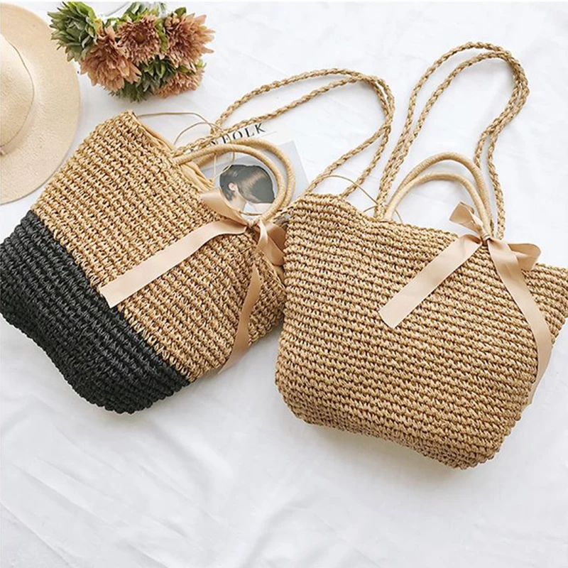 Summer Twilly Scarf Decor Straw Bag For Women New Trendy Vacation Beach Bag  Woven Handmade Bucket Bag Designer Purse - Shoulder Bags - AliExpress