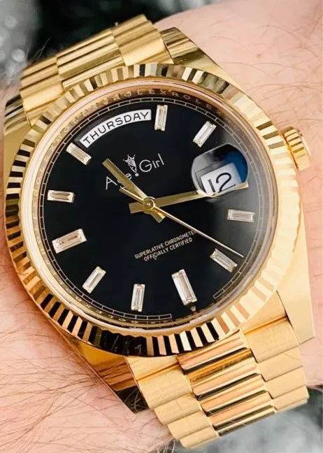 

Famous Brand New Men Daydate Gold Diamonds Dial Black Watch Automatic Mechanical Stainless Steel Sapphire Day-date Watches 36mm