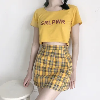 

2020 Summer Women Top Girls T-shirts and Mini Skirt Set Plaid Skirts Short Sleeve Crop T Shirt Long Sleeve Shirt Loose Pullovers