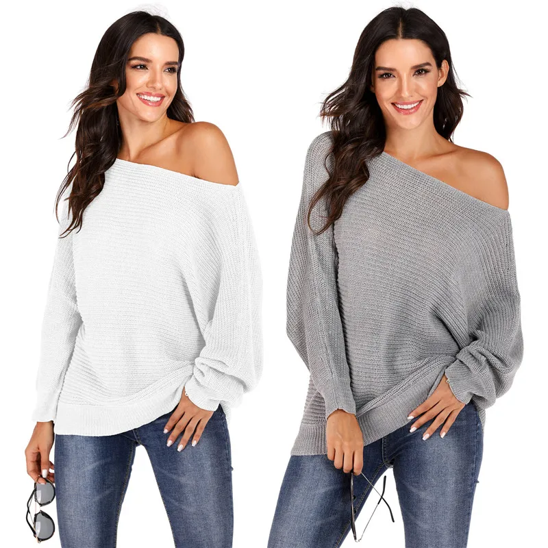 

Autumn and Winter Women's Irregular Bat Sleeves Slash Neck Sweater Loose Knit Pullover Sweater Long Sleeve White Solid Clothes