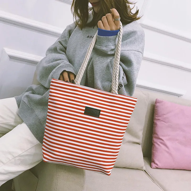 Большая вместительная Холщовая Сумка, Женская Полосатая Сумка на плечо, Южная Корея, художественная Ретро сумка для покупок с пеньковой веревкой