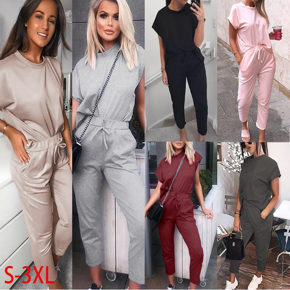 

Women Tracksuit 2 Piece Set Solid Short Sleeve Crop Tops T-Shirt Pants Suit Matching Set Female Joggers Sportwear Fitness