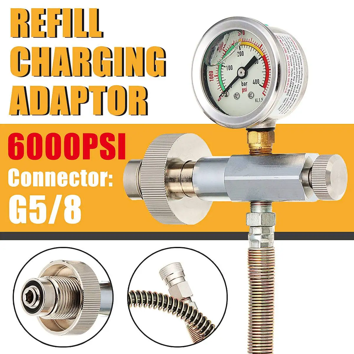 

New Arrival G5/8 400bar/6000PSI Filling Refill Charging Adaptor Converter With Pressure Gauge Hose Paintball Accessories