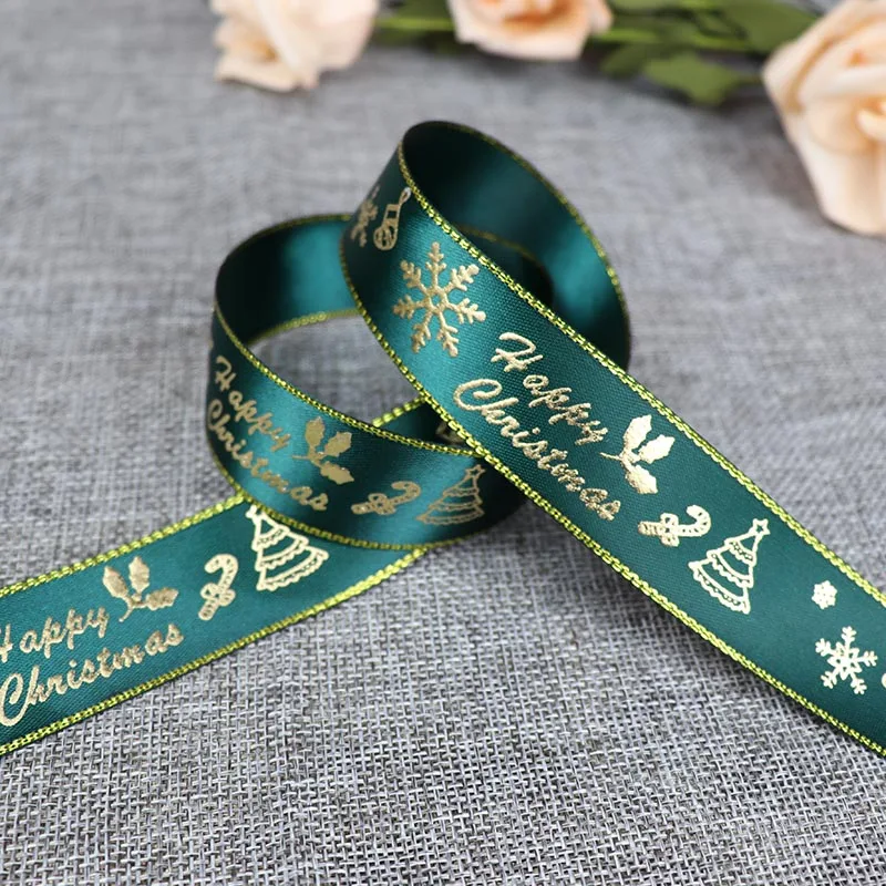 5 Yards 25mm Bronzing Christmas Ribbon Printed Polyester Ribbon For Christmas Decoration Gift Wrapping DIY Sewing Fabric