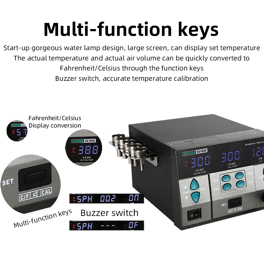 SUGON 8610DX PRO Hot Air Rework Station, 1000W LED Display Lead Free Heat Gun Microcomputer Temperature Adjustable 5 Nozzle - Image 2