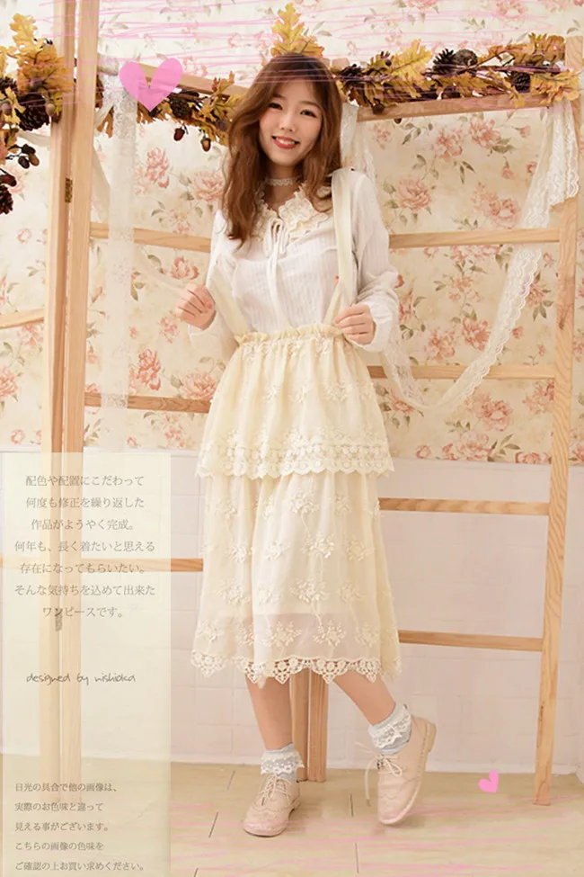Mori Girl Hippie Boho Lolita Vintage Retro Lace Ruffle Crochet Embroidery Mesh Floral Elegant Women Elastic Waist Autumn Skirt | Женская
