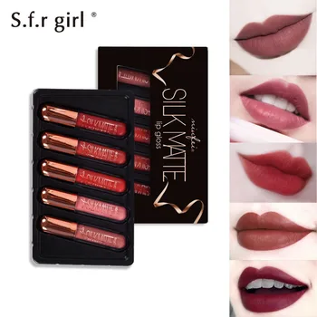 

5pcs/set Lip Makeup Set Matte Lip Tint Red Lip Matte Long Lasting Sexy Lipstick Velvet Liquid Lip Gloss Non-Stick Cup Multicolor