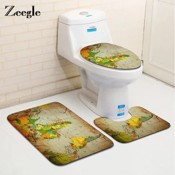 

Zeegle World Map Bath Mat 3pcs/set Bathroom Carpet Non-Slip Toilet Rug Shower Room Toilet Lid Cover Foot Pad Bathroom Bath Mats