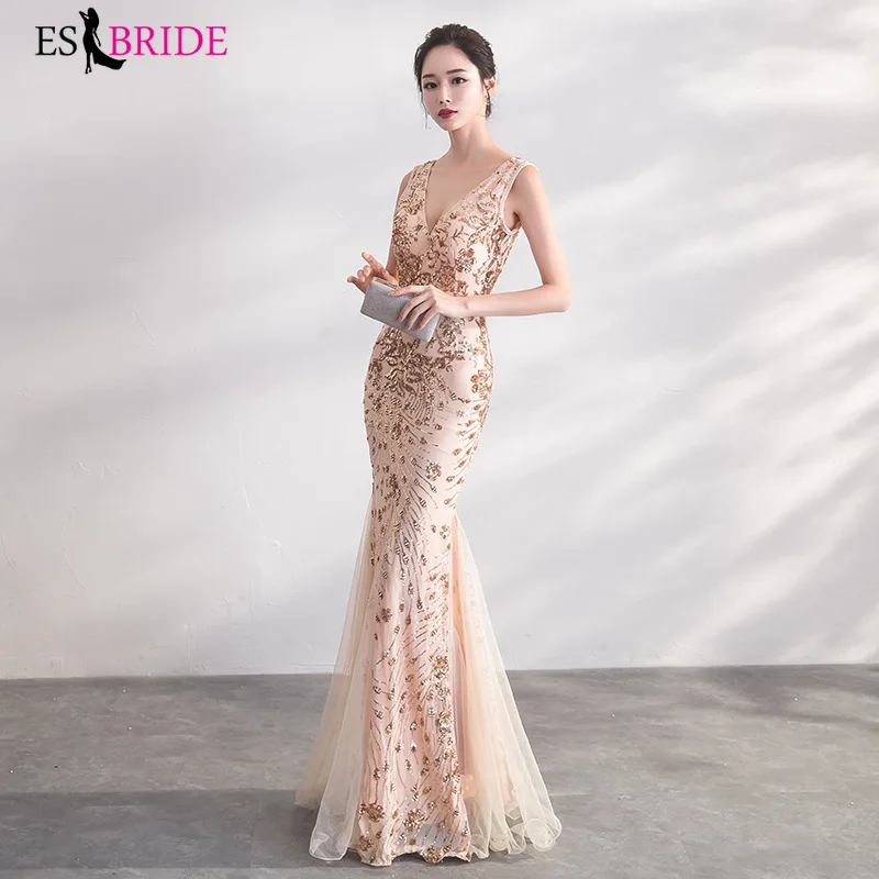 

Gold Sexy Mermaid Evening Dresses ES30109 Deep V-Neck Sequined Sleeveless Sparkle Long Party Dresses Gala Jurken 2019