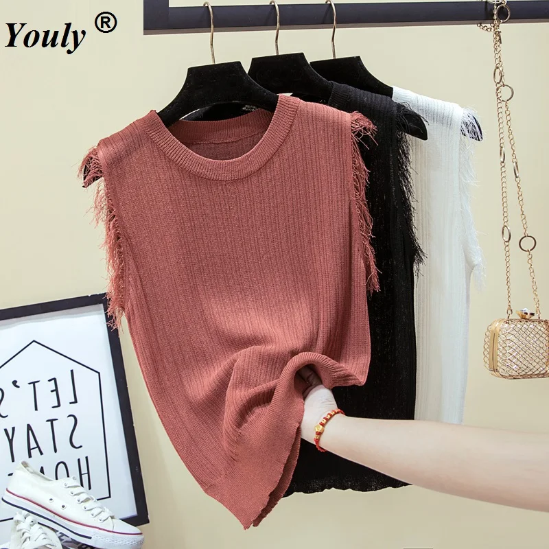 

Sweater Knitted Vest Tassel Top Women O-Neck Pullover Solid Tank Sleeveless Autumn Korean Female Casual Eleganted Tank Sweater