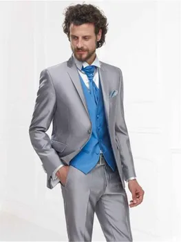

Custom Made New Silver Grey Satin Formal Men Suit Slim Fit Classic Blazer Prom Custom mens suits (Jacket+Pants+Vest) костюм