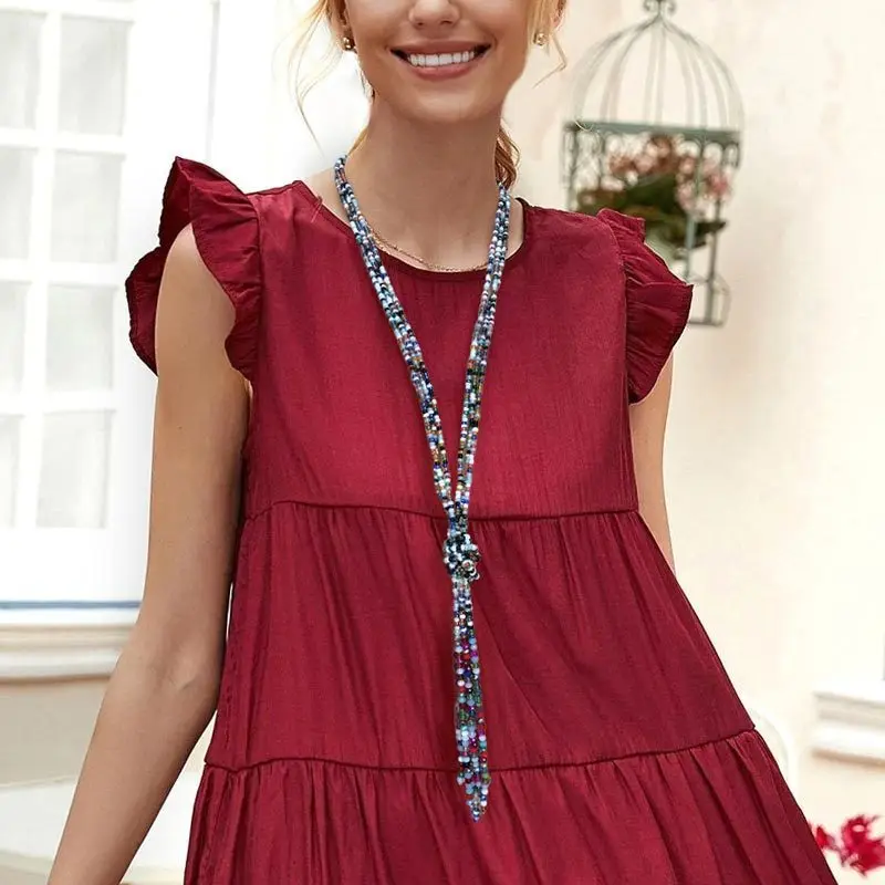 

cross border handmade multi-layer color rice beads long necklace crystal tassel sweater chain Bohemian windbreaker
