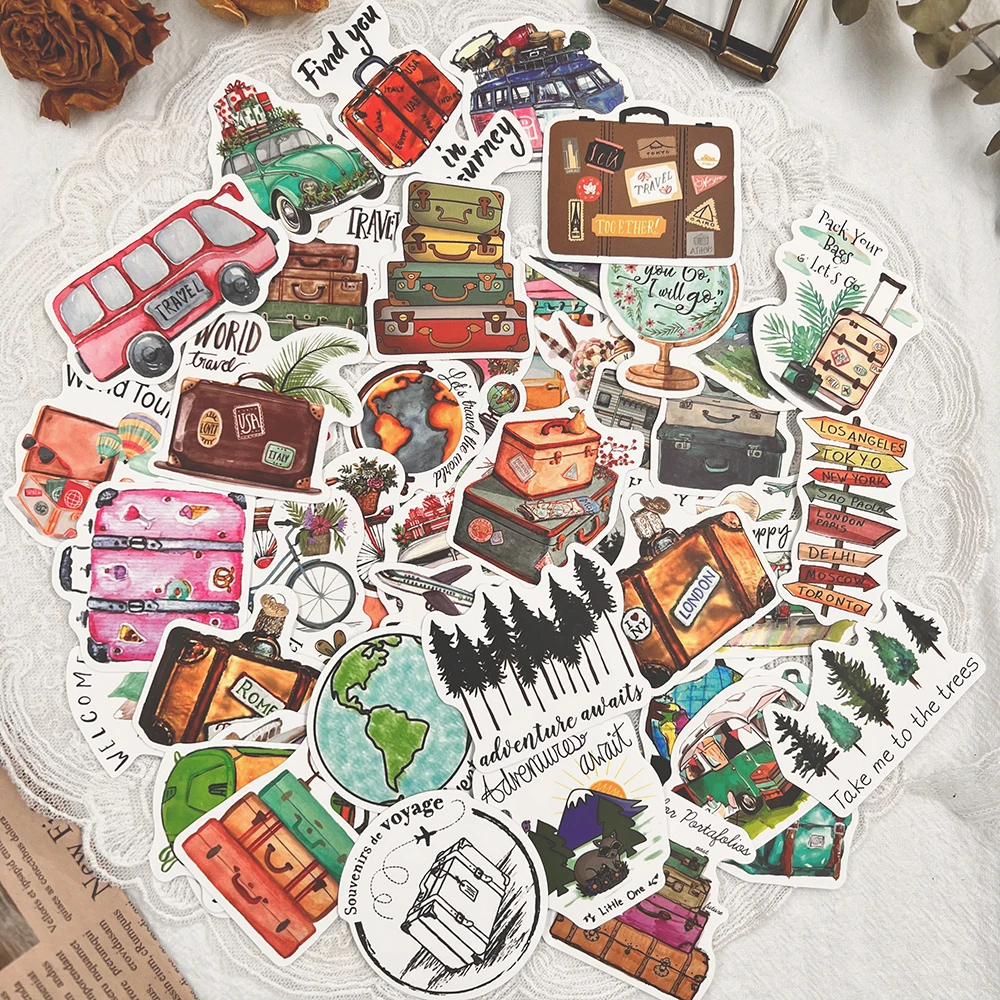 50Pcs Watercolor World Travel Stickers for Scrapbooking Journal Diary  Collage Junk Background Decoration Retro Stationery