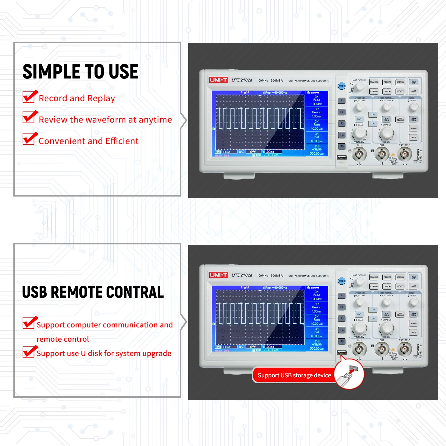 UNI-T UTD2102e цифровой осциллограф 100 МГц логический анализатор пропускная способность 2 канала 500 мс/с Портативный " TFT lcd Scopemeter