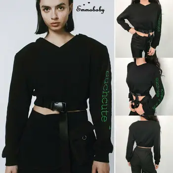 

2019 Autumn Winter Womens Sweatshirt Black Soild Letter Long Puff Sleeve Shirts Casual Loose Warm Blouse Hip Hop Tops Pullovers