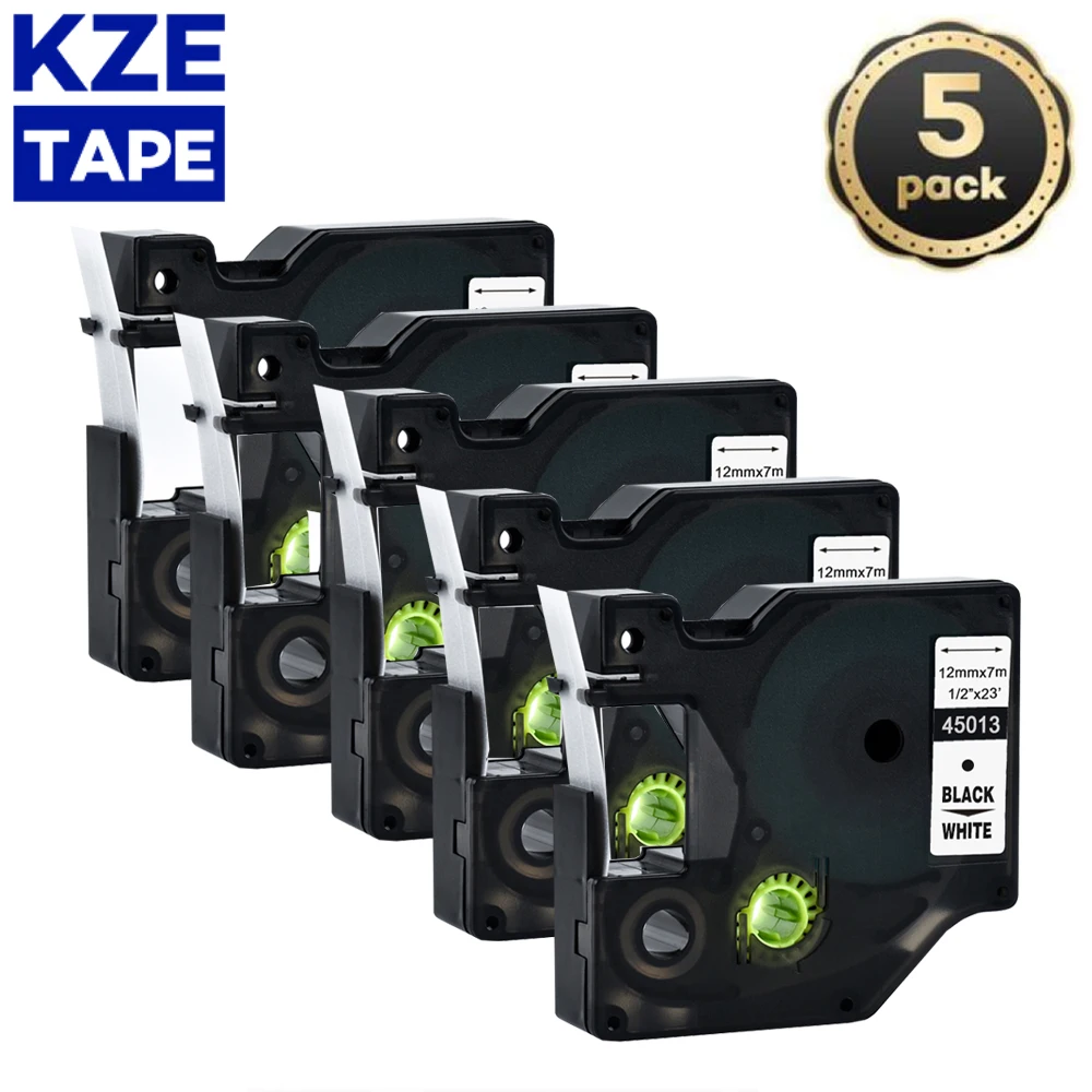 

Kze 5Pcs 45013 12mm Label Tape Black on White Compatible for Label printer Dymo Label Manager LM160 280 Dymo PNP