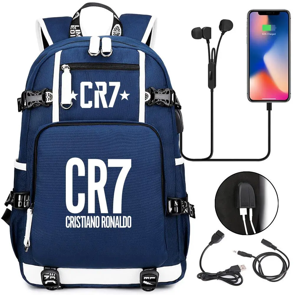 Football Superstar CR7 USB Charging Backpack Ronaldo Schoolbag Travel Notebook Laptop Bags for Kids Students | Багаж и сумки