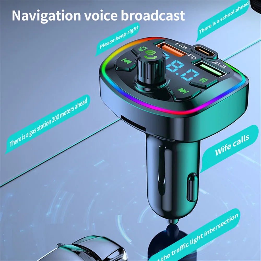 차량용 블루투스 5.0 충전기 FM 송신기, PD 18W, C타입 듀얼 USB 3.1A, 다채로운 주변광 담배 라이터, MP3 음악 플레이어