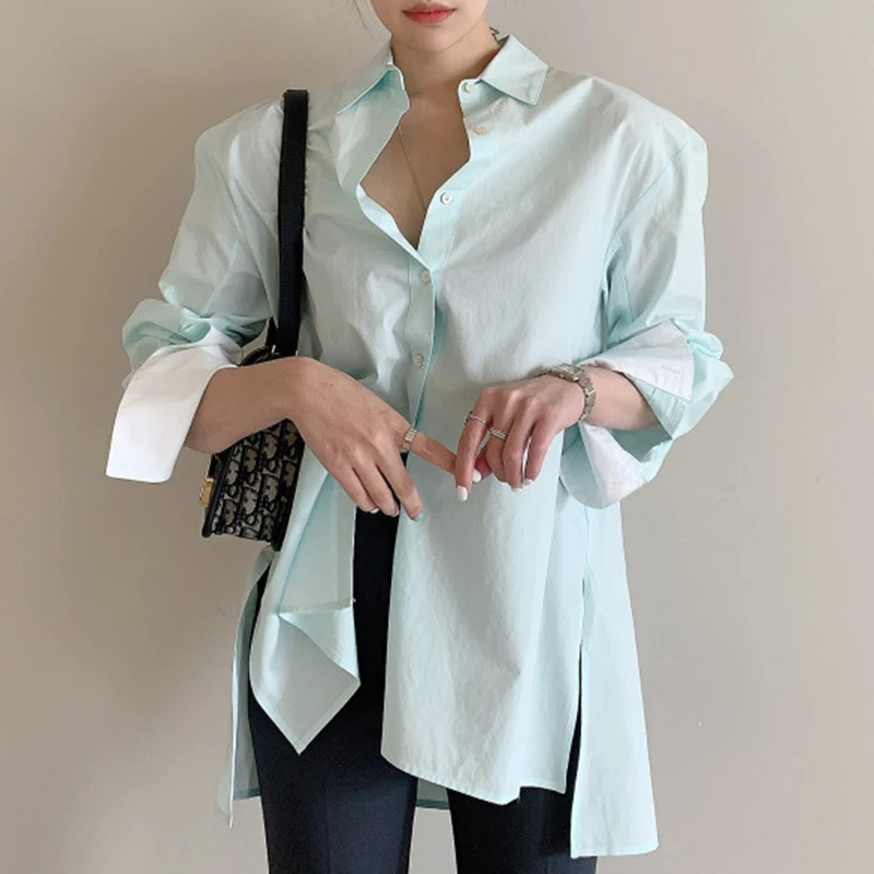 

Split Women Shirts Blouses Chic Oversized Long Sleeve Patchwork Summer Autumn Irregular Female Mint Green Shirts vs331