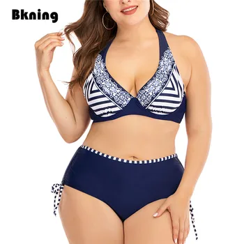 

Plus Size Bikini Set High Waist Swimwear Women Striped Biquini Halter Print Swim Wear Brazilian 2 Piece Large Beachwear L- 3XL