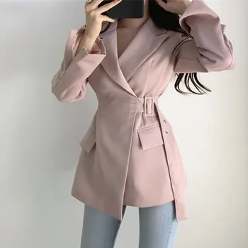 

New 2020 Autumn Spring Women Jackets Office Ladies Lace Up Formal Outwear Elegant Solid Pink Black Tops