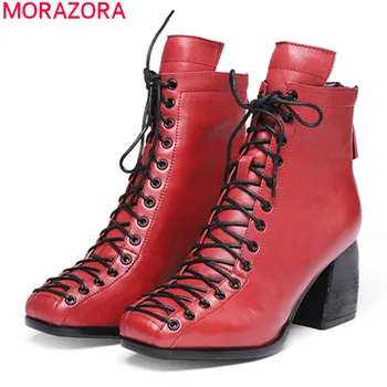 

MORAZORA 2020 big size 34-42 fashion genuine leather lace up ankle boots thick high heels square toe winter classic women boots
