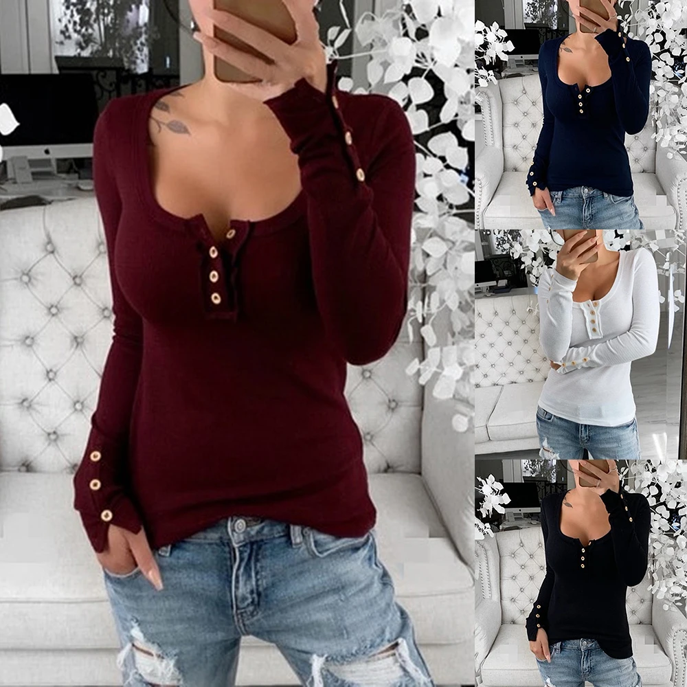 

Winter Tshirt Womens Casual Button Printed Shirts O-neck Long Sleeve Top Loose T-shirt Basic Clothing Camisas De Moda Mujer 2020