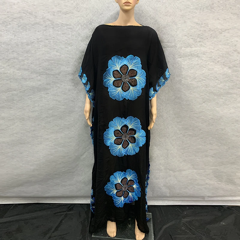 

New African Long Abaya Flower Diamond 100ï¼… cotton Chiffon Loose size Long Dashiki Dress with scarf For Lady 1024#