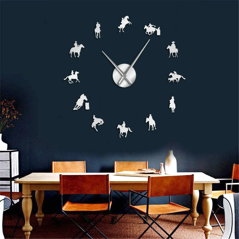 Rodeo DIY настенные художественные наклейки большие настенные часы ковбой домашний декор конь всадник силуэт бескаркасные современные дизайнерские гигантские настенные часы