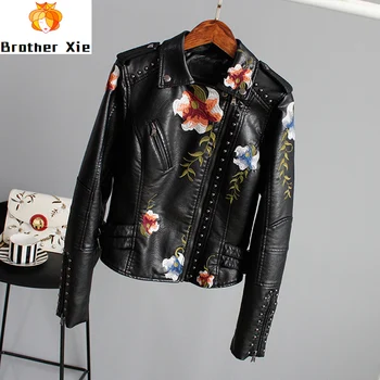 

2020 New Floral Print Embroidery Faux Soft Leather Jacket Women Pu Motorcycle Coat Female Black Punk Zipper Rivet Outerwear